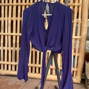 Cotton Candy Keyhole copped wrap tie bell sleeve dark blue longsleeve top